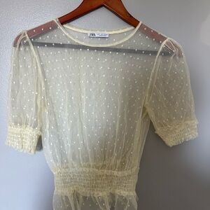 Zara Cream Sheer Polka Dot Women's Top